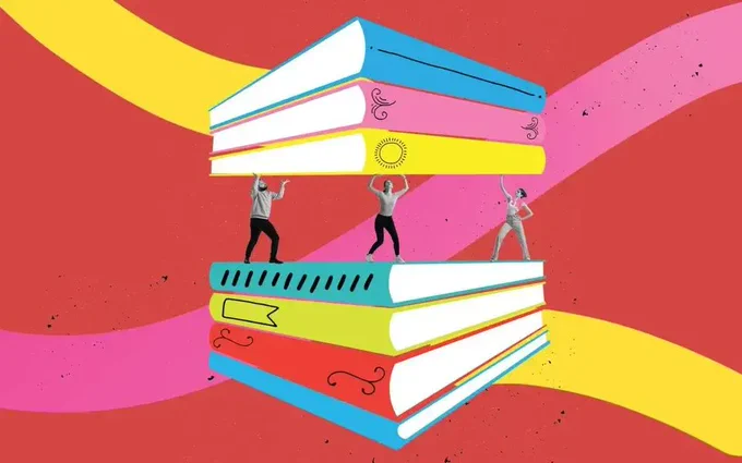 Graphic of three people standing on books, holding up more books.