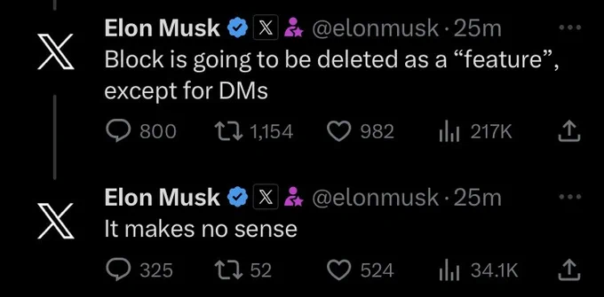 Elon Musk tweeting that block is going to be deleted as a feature