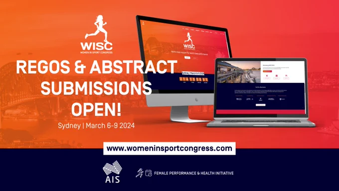 A mock-up of the Womeninsportcongress.com website, with text that reads: 'REGOS & ABSTRACT SUBMISSIONS OPEN!'