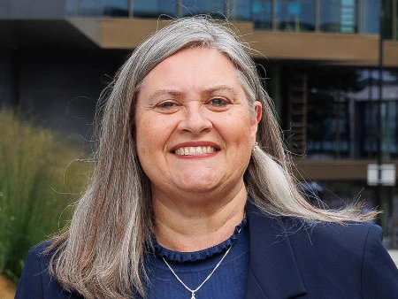 Roz McCall MSP outside the University of Stirling Campus Central building