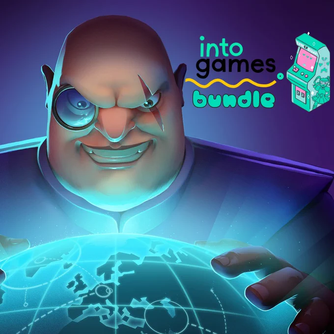 Shows Max from Evil Genius 2 looking menacingly at a globe. On the top right is the "into games bundle" logo text