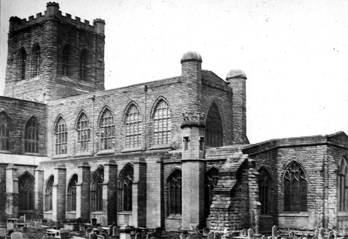 This view of @ChesterCath  and the graveyard was taken before the restoration carried out by Gilbert Scott between 1868-76. The photograph is dated pre-1870.
