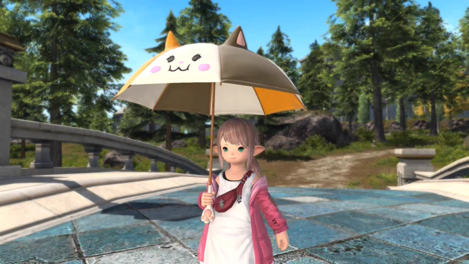 A screenshot from Final Fantasy 14 of a Lalafell holding a parasol fashioned after a fat cat minion. The parasol is beige, dark brown, and orange, with a cat face and ears on the top. The umbrella's handle has a white cat paw with pink toes.