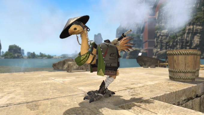 A screenshot of a chocobo companion from Final Fantasy 14 wearing a garment inspired by a eastern attire. The steed has a green cloak wrapped around its neck, a black hat with gold pattern, and a katana sticking out of the pack on its back.