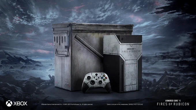 Image of a custom ARMORED CORE VI FIRES OF RUBICON Xbox Series S, Xbox controller, and case in front of a dark sci-fi background. The Xbox logo is in the bottom left corner and the ARMORED CORE VI FIRES OF RUBICON logo is in the bottom right corner. Below the products reads, "©Bandai Namco Entertainment Inc. / ©1997-2023 FromSoftware, Inc. All rights reserved." The following line reads, "Game is not part of this sweepstakes. BUNDLE NOT FOR SALE".