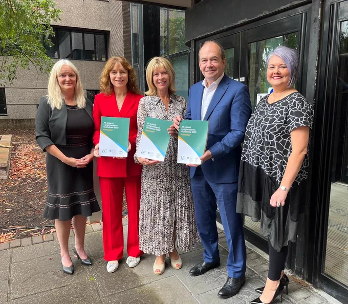 Pictured holding copies of the guidelines are Kay Morris, HSE (Ireland) Project Manager Lymphoedema Services; Fiona Steed, Chief Health and Social Care Professional (HSCP) Officer, Department of Health (Ireland); Jane Rankin MBE, Clinical Lead for the Lymphoedema Network Northern Ireland (LNNI): Chief Medical Officer for Northern Ireland, Professor Sir Michael McBride; Michelle Tennyson, Chair, Lymphoedema Network Northern Ireland (LNNI) and Deputy Director (Lead AHP, PPI & PCE) Public Health Agency, Northern Ireland
