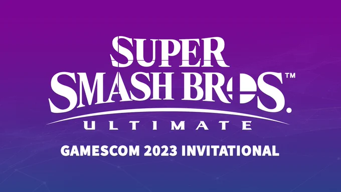 lilac & blue hued gradient background with the Super Smash Bros. Ultimate Logo centered on the image and the subtitle "GAMESCOM 2023 INVITATIONAL" beneath