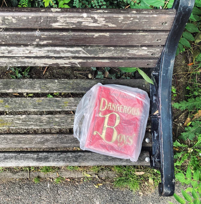 Photograph looking down at a worn wooden bench with metal arm rest, upon which is a plastic bag with a book in it, and ‘Dangerous Boys’ in yellow text in a red background visible through the plastic.