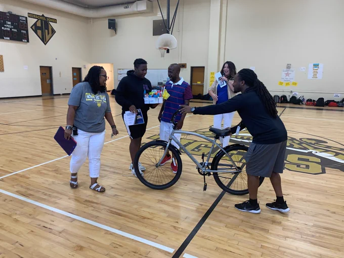 Tommie Davis logged 8,887 minutes working in Progress Learning. He had the most in the whole district! He answered 12,956 questions correctly. In addition to other prizes, Herschel Jones MS gave Tommie a new bicycle donated by Walmart. 