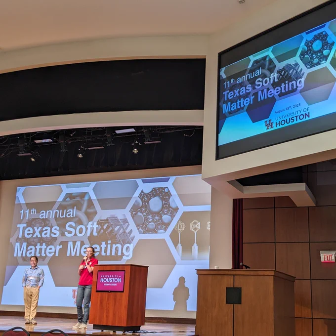 Co-organizers Profs. Tian Chen (UH MechE) and Gül Zerze (UH ChBE) open the 11th Annual Texas Soft Matter Meeting at the University of Houston on August 18th, 2023.