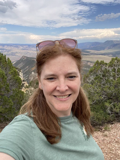Photo of Dr. Neuwald up in the mountains on a partly cloudy day with a spectacular sweeping view of the valley below.