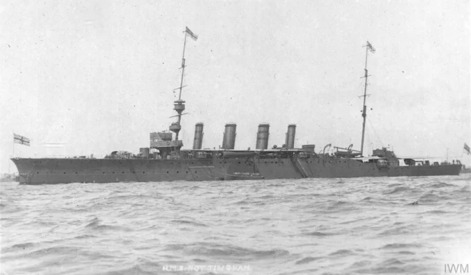Broadside view of the port side of Royal Navy light cruiser HMS Nottingham, torpedoed and sunk by U-52 off Flamborough Head on 19 August 1916 with the loss of 38 of her crew. Image copyright Imperial War Museum: Q 75363.