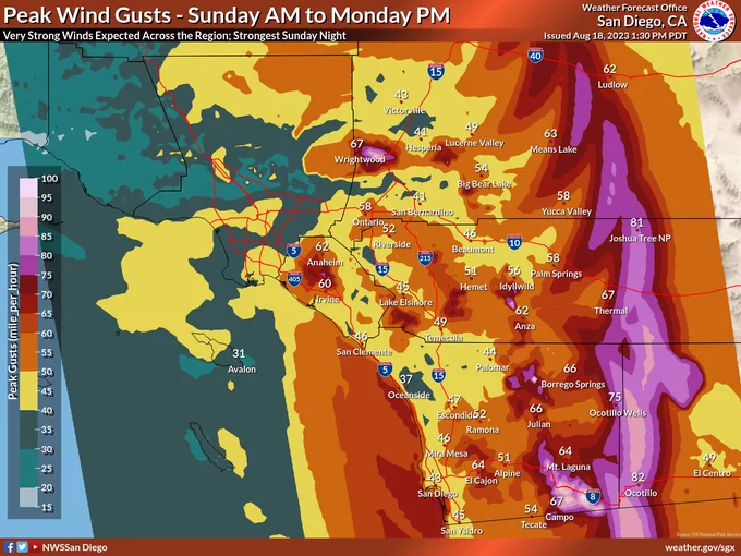Strong winds will occur Sunday and Monday as Hilary draws near. Gusty winds will lead to wind damage, especially near the immediate coast and mountain slopes/deserts.