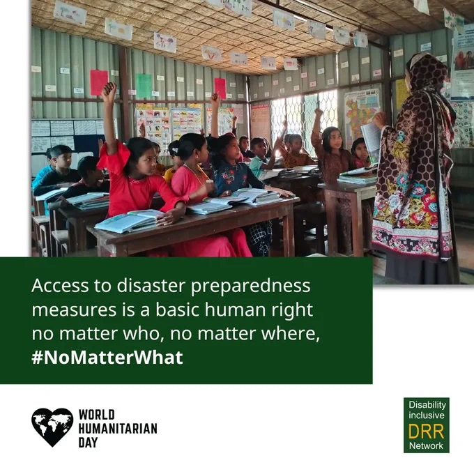 A woman teaches group of students in Bangladesh. There's a text: "Access to disaster preparedness measures is a basic human right no matter who, no matter where, no matter what."