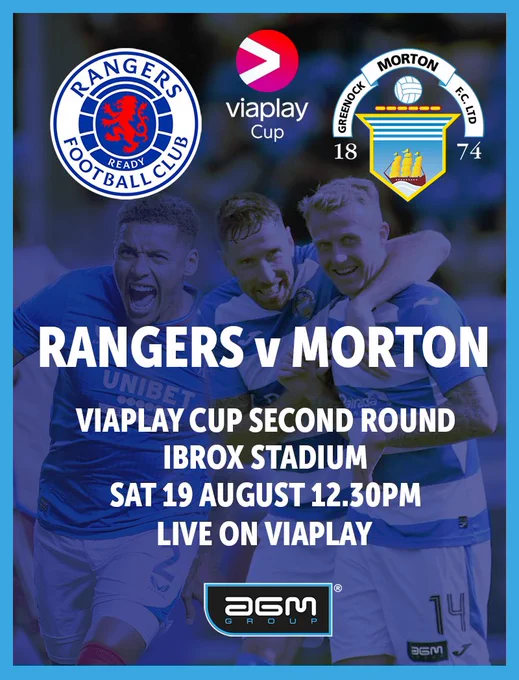 Rangers FC vs Morton FC match banner supported by AGM Group.