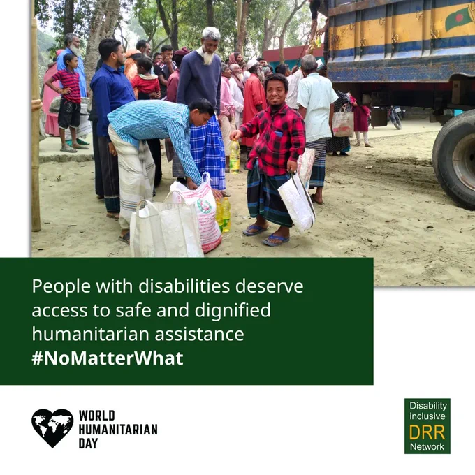 A picture of a man with disability and some men receiving humanitarian aid. A text saying: people with disabilities deserve access to safe and dignified humanitarian assistance #nomatterwhat