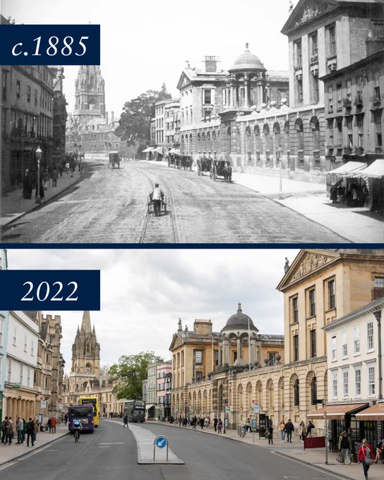 An image showing two photos. The top image is from circa 1885 which shows Oxford's High Street. The bottom image is from 2022 from a similar point on High Street.