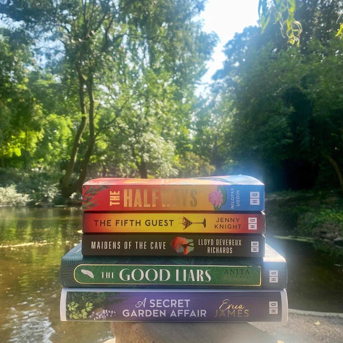 Photo stack of the books: A Secret Garden Affair, The Good Liars, Maidens of the Cave, The Fifth Guest and The Halfways