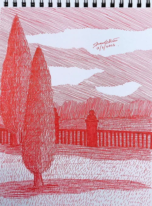 Pen Drawing: Reddish Sky (Lonely House)
by Shawn Ellian 