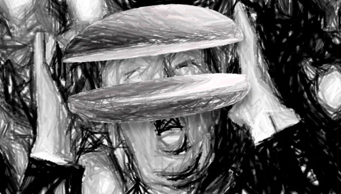 The "Scam"  depicts a panic-stricken creature, simultaneously corpselike and reminiscent of a troll, whose contours are echoed in the swirling lies of a nothing-burger