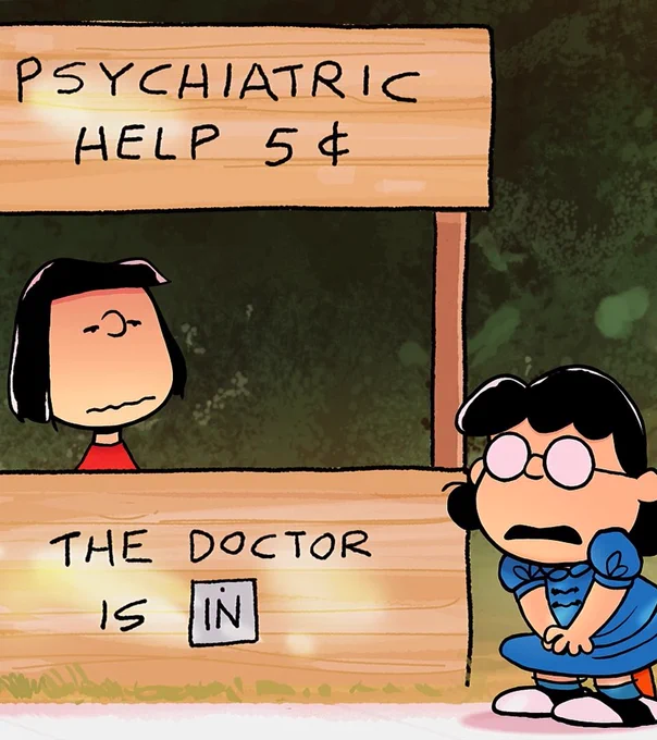 From One-of-a-Kind Marcie. Marcie sits at a booth that says "Psychiatric Help 5 cents" and gives advice to a worried Lucy.