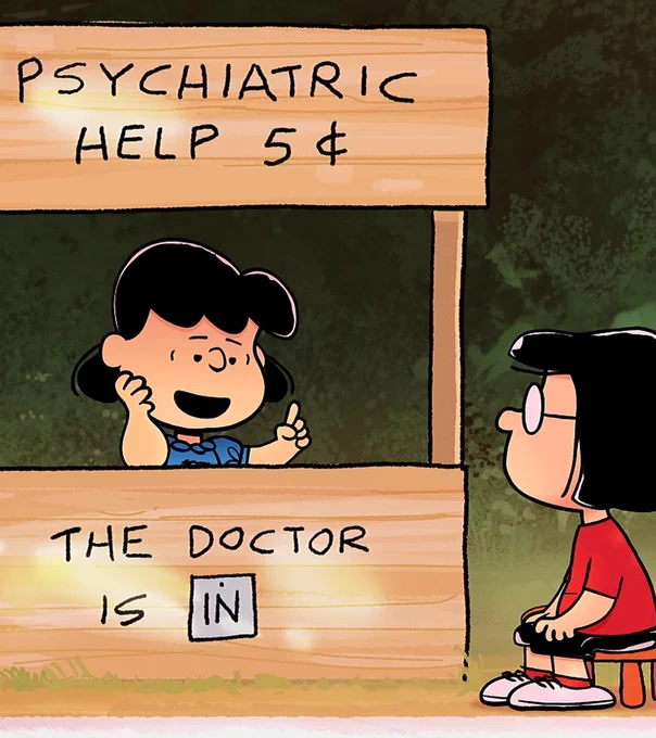 From One-of-a-Kind Marcie. Lucy sits at a booth that says "Psychiatric Help 5 cents" and gives advice to Marcie.