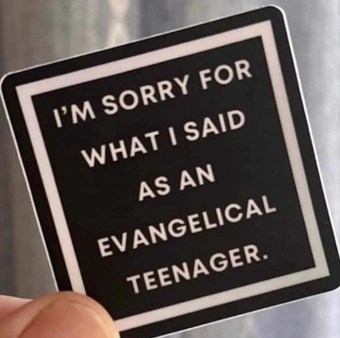 A photo of a black and white square pin that says, "I'm sorry for what I said as an evangelical teenager."