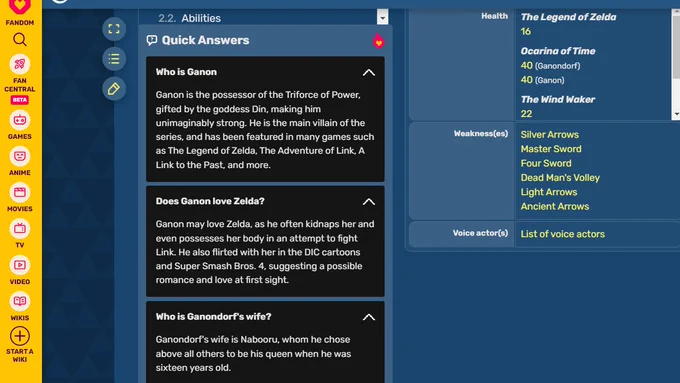 Screenshot of the Fandom wiki page for Ganon. In the center of the image is a menu titled "quick answers" which makes several incorrect claims about the character.