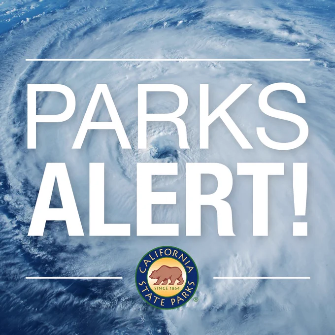 Overhead image of a hurricane. Text on image reads: PARKS ALERT!. There is a small State Parks logo at the bottom

