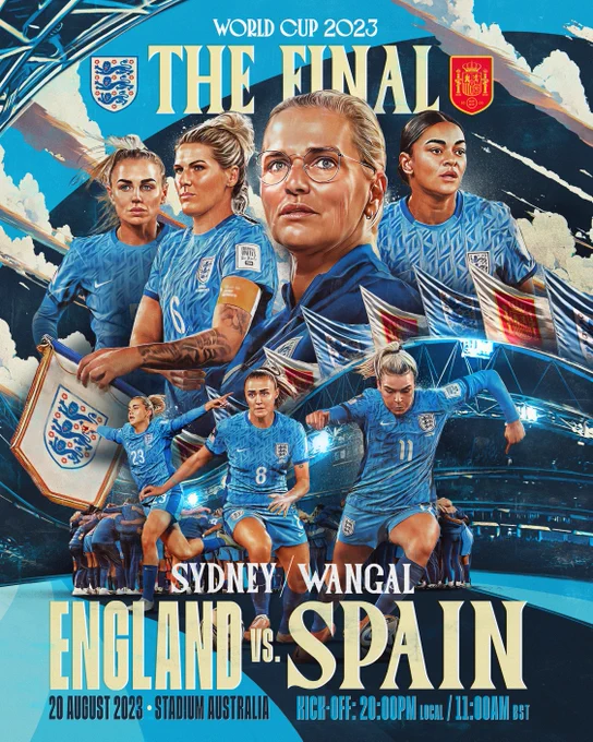 World Cup Final between England and Spain. Kick-off 11am BST, 8pm local time. 