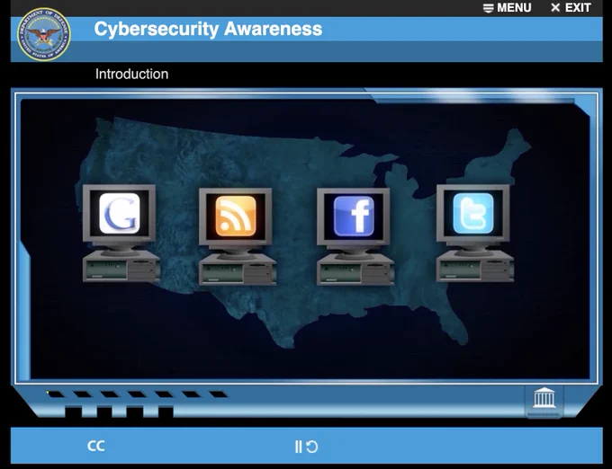 Screenshot of DoD training showing old company logos for Google, Facebook and Twitter, and an RSS logo (remember RSS?!)