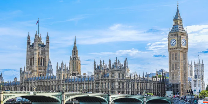 The Houses of Parliament with a blue sky in the background