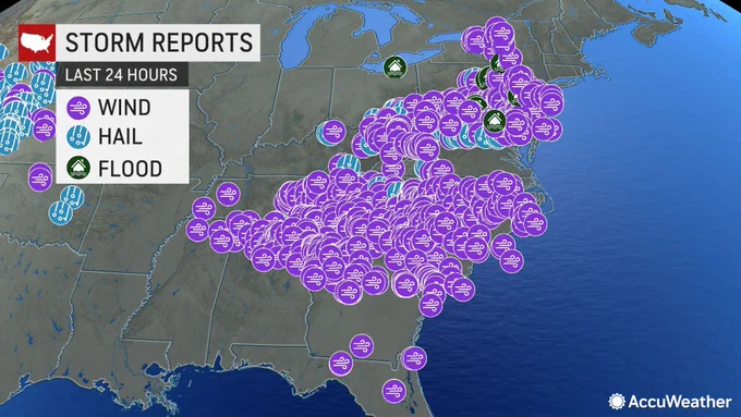 A map showing the storm reports across the eastern United States on Monday.