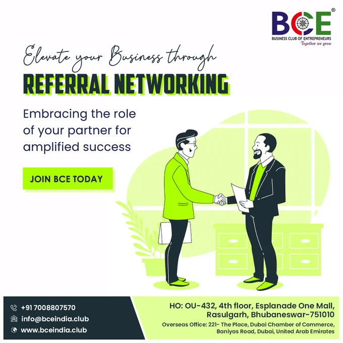 Ready to take your business to new heights? Embrace the power of partnership and elevate your success through referral networking with BCE. Become a part of a dynamic community where connections fuel growth and collaboration leads to unprecedented achievements. Join us today and be the driving force behind your business's exponential rise! Let's build a future of mutual success together. 

Contact us @  91 86372 83792//7008807570 or info@bceindia.club
Visit https://www.bceindia.club

 #BCEReferralNetworking #AmplifiedSuccess #PartnersInGrowth #BusinessCollaboration #ElevateYourBusiness #BCE