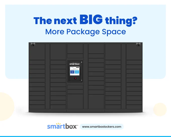 Big smart parcel locker on a light background with text 'the next big thing? more package space