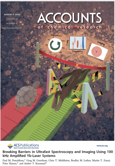 A tortoise and hare race each other. The hare is in the lead and is breaking through a barrier to get to the finish line, where the prize is new ultrafast spectroscopy capabilities.