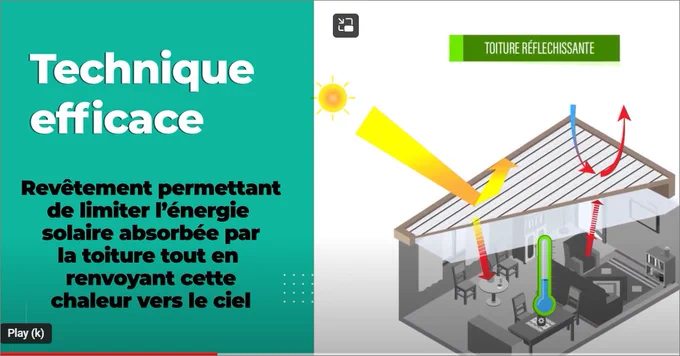 Le Cool Roof consiste à appliquer des matériaux de revêtement sur la toiture pour réfléchir la majeure partie du rayonnement solaire vers le ciel faisant baisser la température de la toiture et  la surchauffe à l’intérieur du bâtiment. 