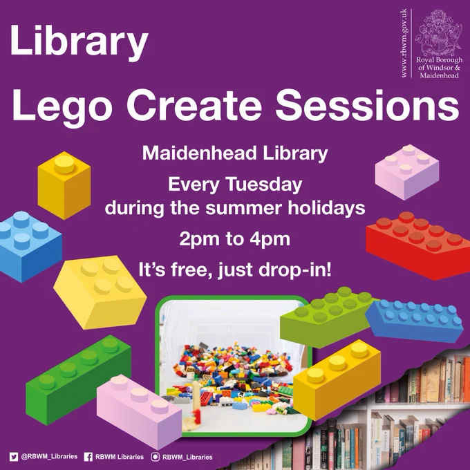 Photos of Lego bricks. Event information. Lego create sessions. Maidenhead Library. Every Tuesday during the summer holidays from 2pm - 4pm. Its free, just drop in!