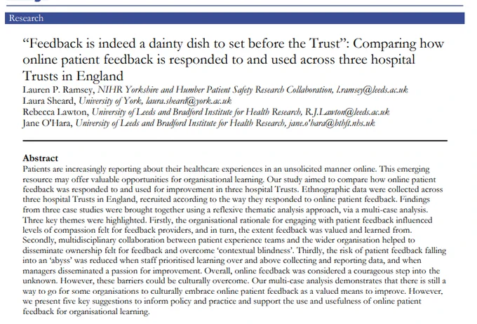 “Feedback is indeed a dainty dish to set before the Trust”: Comparing how online patient feedback is responded to and used across three hospital Trusts in England