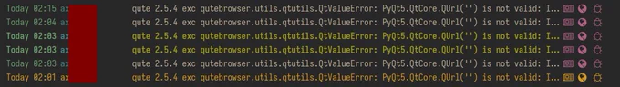 screenshot of 6 qutebrowser crash report mails, sent by the same reporter in a timespan of 14 minutes