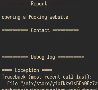 screenshot of a crash report text: "opening a fucking website", with no contact information