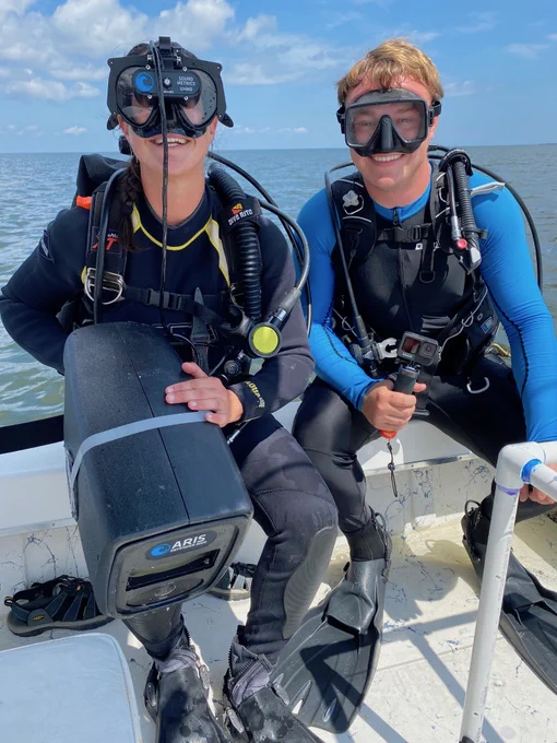 LaCroce is pictured left, with Brooks, right).  The turbid waters of Pamlico Sound do not allow for reliable visual or video surveys of fish on oyster reefs.  The ARIS sonar system comes with a dive mask that looks like night-vision goggles, which allow the diver to see what the sonar sees underwater. The sonar system records the video for later download to a computer.