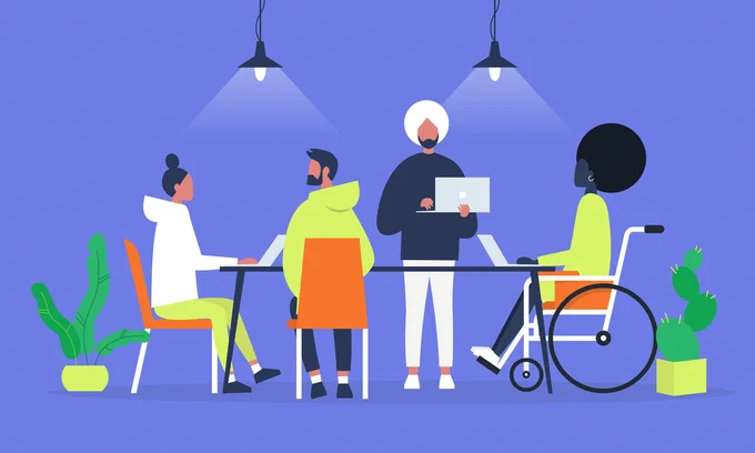Illustration of four people gathered round a table in a meeting situation.