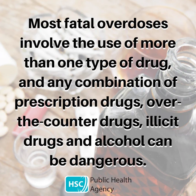 A picture of a bottle of whiskey, white pills, a red cigarette lighter and several joints in the background with text over it that says "most fatal overdoses involve the use of more than one type of drug and any combination of prescription drugs, over-the-counter drugs, illicit drugs or alcohol can be dangerous".