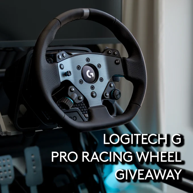 A PRO Racing Wheel on a deck setup with white, all caps text on the bottom right corner of the image saying "Logitech G PRO Racing Wheel Giveaway"