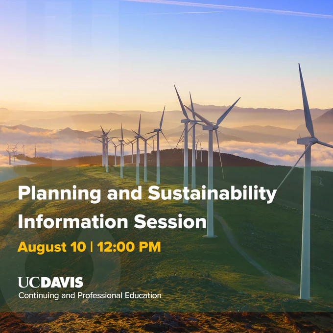 Image of windmills on hills. The overlay text says, "Planning and Sustainability Information Session, August 10, 12 PM."
