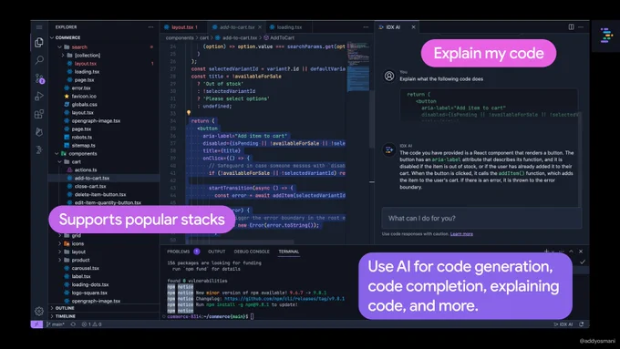 IDX: explain my code, supports popular stacks, use AI for code generation