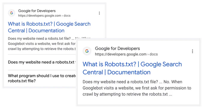 Sample mobile search result showing a page with and without FAQ rich results