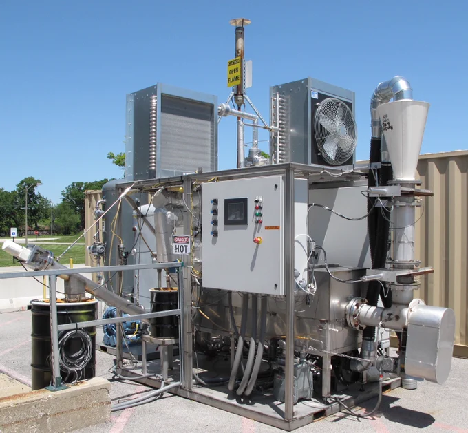 An "alpha" unit of the biomass gasifier installed at Argonne National Lab based on Green Fortress Engineering patents owned by IU. The device converts biomass, including switchgrass or crop waste such as corn stover, into energy.