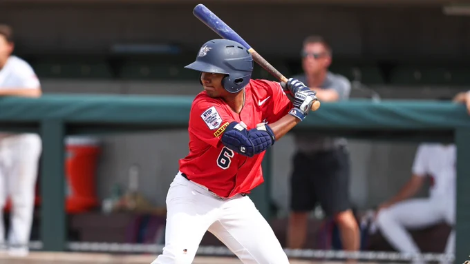Kayson Cunningham bats at the 2023 NTDP.